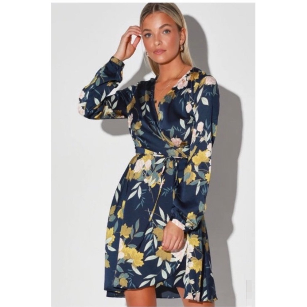 Lulus Navy Blue Floral Satin Wrap Dress Long Sleeve Mini Botanical Print Small